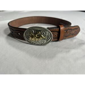 Nocona Bronco Bull Rodeo Tooled Leather Belt Kids Size 20 Brown Western